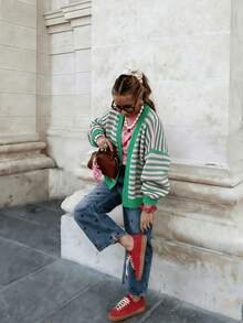 Women's Striped Drop Shoulder Long Sleeve Single-Breasted Casual Knit Cardigan - Green Pink - View 6