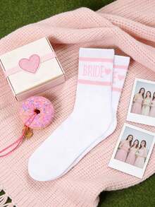 One Size Women's Mid-Calf Socks, Minimalist Design, Color Block Stripes, Letter & Heart Print, Suitable For Halloween, Party, Bridal Gift And Autumn/Winter Season - Multicolor - View 2