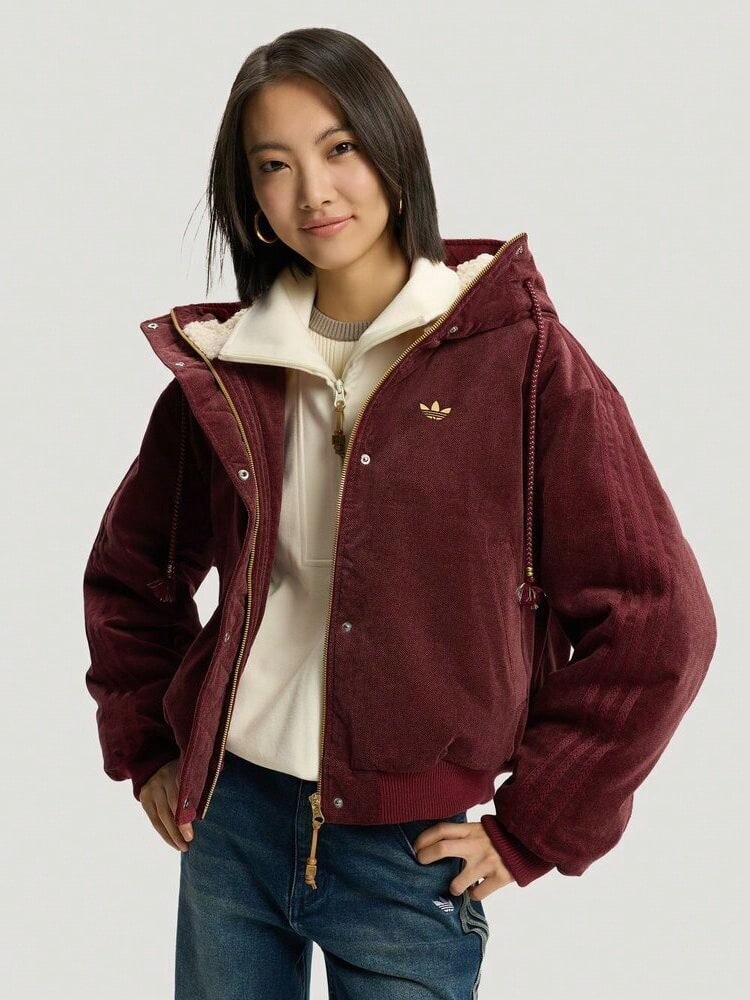 Adidas Originals Women's Casual Embroidered Button Pocket Hooded Winter Jacket - Burgundy - View 1
