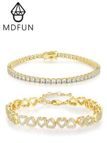 MDFUN 2件組 18K鍍金手鍊套組，閃耀立方鋯石網球手鍊與鏤空愛心手鍊，優雅可疊戴女士珠寶禮物 - 金色-圓形+心形 - 查看 2