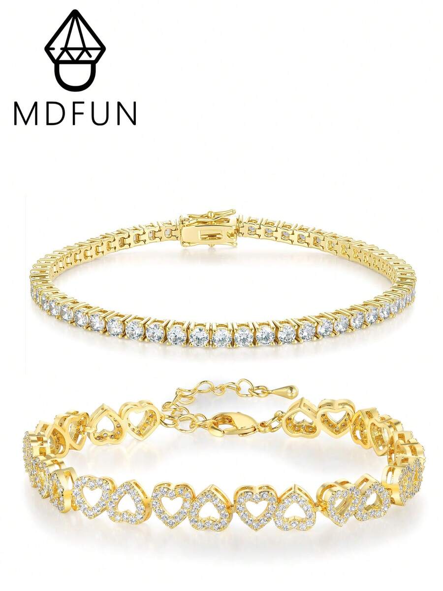 MDFUN 2件組 18K鍍金手鍊套組，閃耀立方鋯石網球手鍊與鏤空愛心手鍊，優雅可疊戴女士珠寶禮物