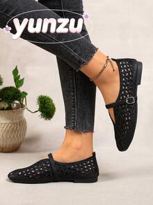 Black Hollow Embroidery Mary Jane Women's Shoes, Square Toe Single Strap Low Vamp Flat Shoes, Breathable Versatile Commuter Loafers For Spring And Summer - Black - View 6