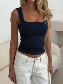 Vaiaye Women's Solid Color Square Neck Fitted Casual Camisole, Minimalist Retro Solid Color Vest, Summer Fashion Backless Knit Camisole, Casual Versatile, Suitable For Commuting - Navy - View 4