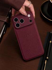 奢華客製化姓名人造PU皮革手機殼，適用於Apple 17 16 15 14 13 12 11 Pro Max 14 15 16 Plus 17 Air，燙金字母全包保護套，時尚手機殼DIY禮物，手機配件，字母姓名客製化，極簡防指紋防摔防震情侶手機殼軟殼，情人節禮物，生日禮物，節日禮物 - 酒紅色 - 查看 3