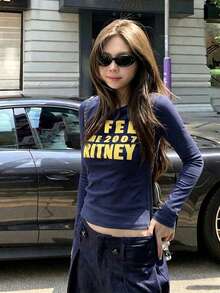Women's Autumn Pure Cotton Letter Print Long Sleeve T-Shirt, Versatile Navy Blue Top, Slimming Inner Layer Base Layer - Navy - View 1