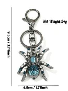 1pc Vintage Rhinestone Spider Keychain, Gothic Style Halloween Blue Cat Eye Pendant, Gunmetal Lobster Clasp Key Ring, Car Bag Charm, Halloween Gift - Multicolor - View 7