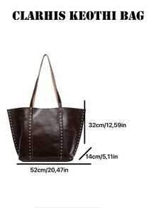 Vintage Distressed Tote Bag With Rivet Decor, Metal Rivet Line Accents, Open Top Oversized Body, Extended Handle Strap, Matching Small Bag From The Same Series, Ample Storage Space, Suitable For Commuting And Travel, Creating A Cool Retro Vibe Outfit - Coffee Brown - View 2