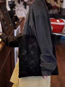Korean Style Shiny Black Lace Niche Design INS Style Large Capacity Tote Bag For Commuting, Outing, Daily Shopping, Shoulder Slouchy Handbag - Black - View 2