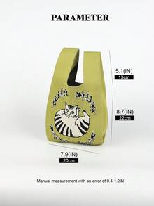 Cute Cat Pattern Knitted Vest Bag, Vintage Casual Daily Commute Shopping Travel Handbag - Green - View 3