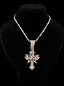 Men's Hip Hop Full Rhinestone Pentagram Cross Pendant Necklace, Silver-Tone Iced Out Cuban Chain, Rap Street Style Accessory - Star Cross Necklace - View 6