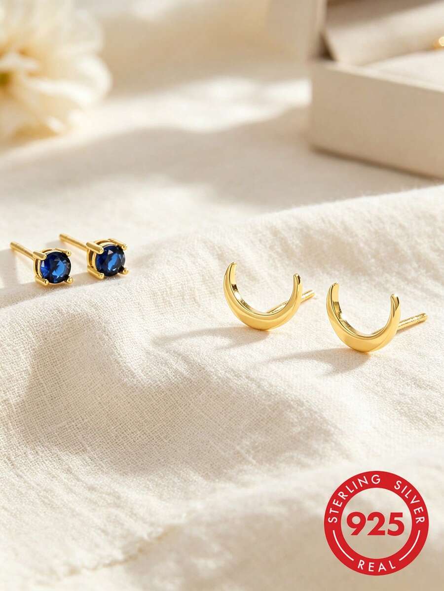 Artepollo Delicate 2‑Pcs Crescent Moon & Sapphire‑Color CZ Studs, 925 Silver 14K Plated Mix‑Match Ear Jewelry For Girls Dating - Gold - View 1