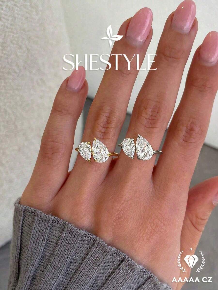 1件極簡雙水滴戒指，精緻女士婚禮珠寶，鑲嵌奢華鋯石，優雅珠寶，婚戒，新娘珠寶，訂婚戒指，承諾戒指，送給愛人的禮物