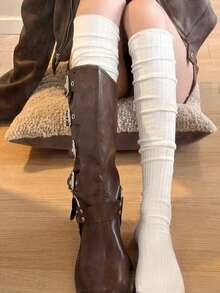 1 Pair Women's Vertical Striped Slouch Over-The-Knee Socks, Solid Color Roll-Up Knit Thigh High Socks, Elastic Soft Long Tube Boots Socks For Daily Wear - White - View 3