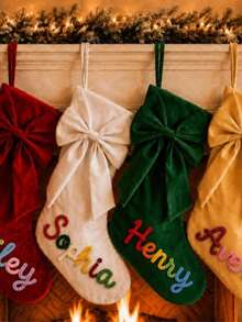 1pc Customized Velvet Christmas Stocking With Bow, Personalized Embroidered Sock, Suitable For Family Holiday Fireplace Decoration, Christmas Gift For Her - Multicolor - View 3
