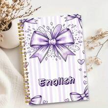 A5 Exquisite Spiral Notebook, Purple Bow Heart Striped Pattern English Theme Hardcover Diary, Gold Wire Binding Cute Aesthetic Notebook, English Learning Notes School Stationery, Journal Writing Gift - Bow - View 1