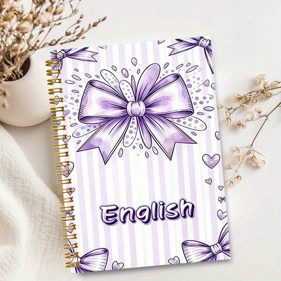 A5 Exquisite Spiral Notebook, Purple Bow Heart Striped Pattern English Theme Hardcover Diary, Gold Wire Binding Cute Aesthetic Notebook, English Learning Notes School Stationery, Journal Writing Gift - Bow - View 1