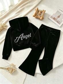 2pcs/Set Girls Toddler Casual Solid Color Soft Comfortable Knit Fabric Back Angel Letter Graphic Long Sleeve Hooded Jacket And Flared Pants Set, Suitable For Outdoor Wear, Autumn/Winter - Black - View 3