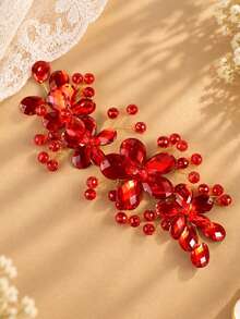 KOVLYNE 1pc Red Beaded Flower Headband, Sparkling Rhinestone Floral Hair Accessory, Elegant Eye-Catching Headpiece Suitable For Weddings, Parties, Date Nights And Special Occasions - Red - View 3