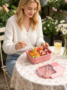 1pc Bento Lunch Box, Adult Meal Container With Spork And Sauce Pot, Microwave & Dishwasher , Suitable For Outdoor Picnic, Party, Kitchen Dining - Multicolor - View 4