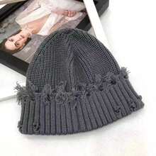 1pc Unisex Solid Color Street Style Distressed Knit Beanie Hat, Warm Outdoor Fashion Streetwear Couple Student Knitted Hat For Autumn/Winter, Suitable For Daily Wear - Multicolor - View 2