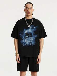 Tiny Spark Streetwear Black Tee Shirt Dark Fantasy Lightning Eye Graphic Cyber Grunge Style - Black - View 4