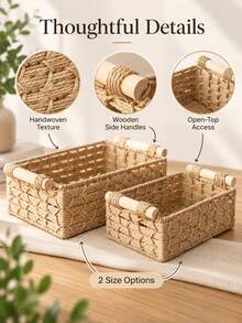 1pc Home Storage Basket, Natural Woven With Handle, Bohemian Country Handmade Design, Large Open Mouth Storage Basket, Suitable For Blankets, Clothes, Toys, Plants Storage, Aesthetic Farmhouse Style Living Room, Bedroom, Dorm Decor Basket - Multicolor - View 3