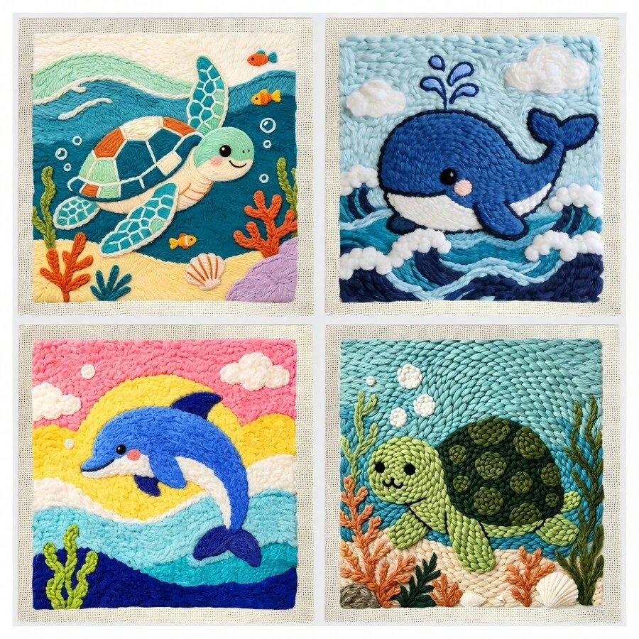 DIY Punch Needle Kit For Beginners – Includes Punch Needle, Yarn, Instructions, Square Hoop & Pre-Printed Fabric (Sea Creatures). Creative Craft For Wall Decor Or Gifting. 2D Printed Punch Needle Starter Kit. 24x24cm (9.44x9.44in).