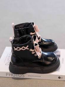 1 Pair Girls Fashion Boots, Simple Casual Versatile Fashion Boots, Bow Decor Princess Boots, Suitable For Autumn/Winter - Beige - View 2