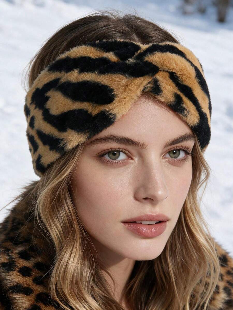 2pcs Women's Autumn/Winter Plush Wide Twisted Headband, Faux Tiger Animal Print, Camel Color Elastic Hairband, Warm Soft Elastic Hairband, Suitable For Winter Daily Outdoor Party Hair Decoration - Coffee-colored - View 1