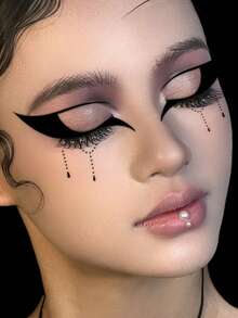 1pc Temporary Tattoo Sticker, Cool Black Eye Makeup Teardrop Pattern, Realistic Fake Tattoo Design, For Daily Wear, Bachelorette Party Favors, Music Festival, Game, Graduation Gift, Lasts 3‑5 Days - Black - View 5