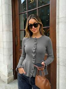 Women's Autumn/Winter Solid Color Frill Trim Cinched Waist Knit Cardigan, Slim Fit A-Line Hem Long Sleeve Base Layer Top - Grey - View 11