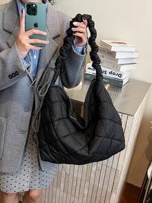 1pc Vintage Rhombus Padded Nylon Hobo Bag, Gathered Shoulder Strap Drawstring Detail Large Casual Daily Shoulder Handbag For Ladies - Multicolor - View 10
