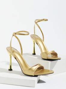 New Women's Summer Gold Buckle Cross Strap Thin High Heel Sandals, Glamorous Style Party Date Outdoor Formal Occasion High Heels - Champagne - View 6