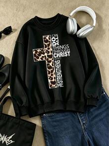 Women's Plus Size Pullover Hoodie, Casual Short Sleeved Round Neck Top, Leopard Print Cross Stitch Letter Pattern Print, Autumn And Winter Styles - Black - View 1