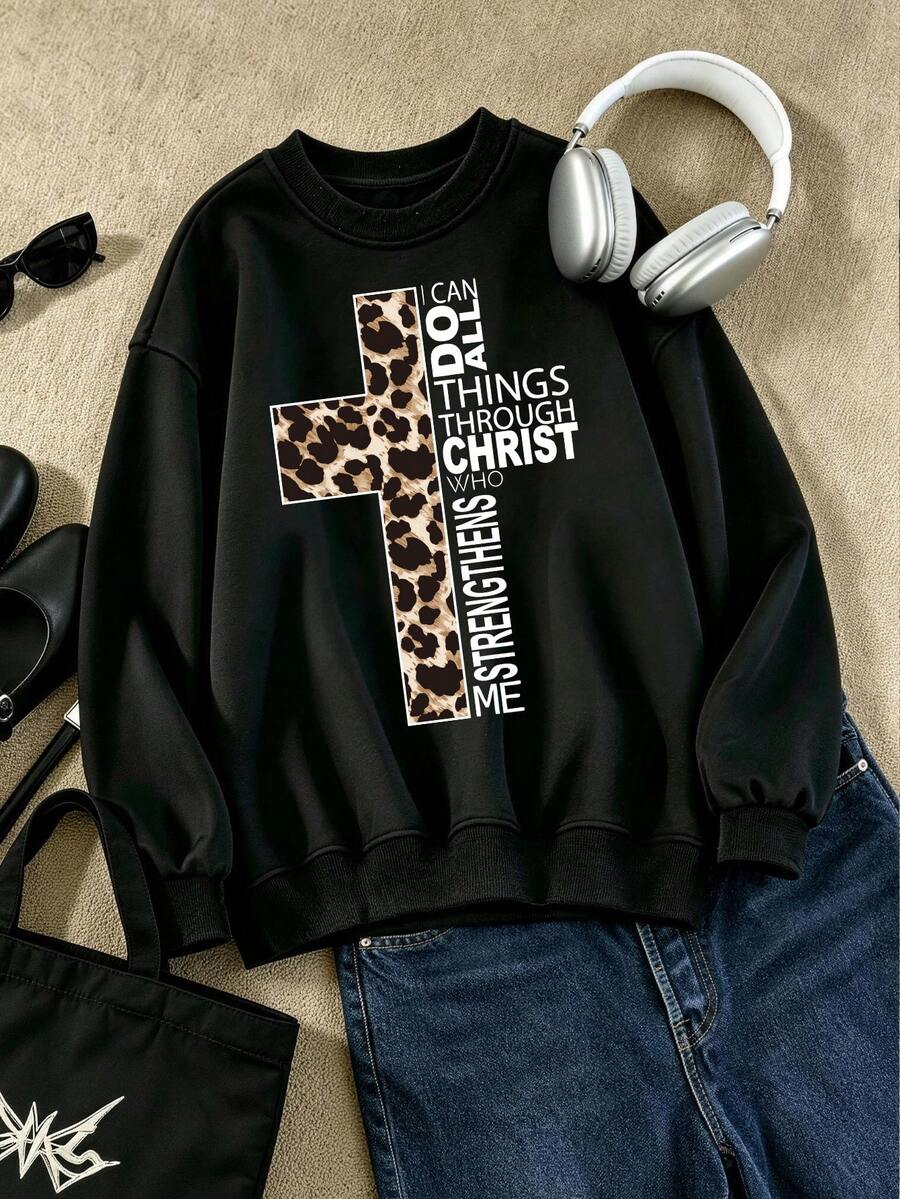 Women's Plus Size Pullover Hoodie, Casual Short Sleeved Round Neck Top, Leopard Print Cross Stitch Letter Pattern Print, Autumn And Winter Styles - Black - View 1