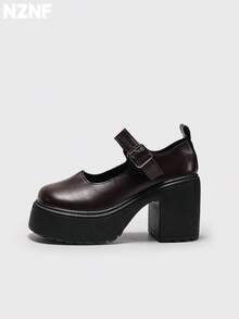 NZNF Women's Solid Color College Style PU Shoes With Buckle Strap, Thick Sole And Chunky Heel, Daily Commute Shoes - Coffee Brown - View 6