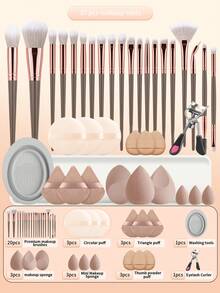 37pcs Multi-Function Makeup Tool Set, 20 Makeup Brushes & 15 Powder Puffs & Eyelash Curler & Brush Cleaner, Dense Soft Bristles With Even Powder Pickup And No Flying Powder, Suitable For Student Dorm Daily Makeup, Business Travel And Portable Makeup - Multicolor - View 10
