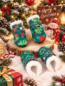 1 Set 4pcs Christmas Style Pet Shoes, Green Christmas Fruit Print Fleece Lining Warm Boots, Adjustable Hook & Loop Non-Slip Christmas Shoes, Suitable For Small Dogs And Cats - Green - View 6