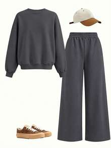 2pcs Girls Sweatshirt And Pants Set, Simple Heart Print, Soft Fabric, Casual Sweet Outfit - Dark Grey - View 3