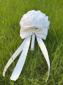 White Artificial Rose Bridal Bouquet, Rhinestone Decorated Satin Bow Long Ribbon Wedding Bouquet, Suitable For Bride Wedding Ceremony Party Decoration - Multicolor - View 5