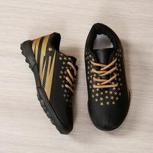 Black & Gold Star Print Kids Studded Soccer Shoes, Lace-Up Secure Fit, Anti-Slip Studded Outsole, Breathable Lining, Durable For Field Training And Matches - Black - View 1