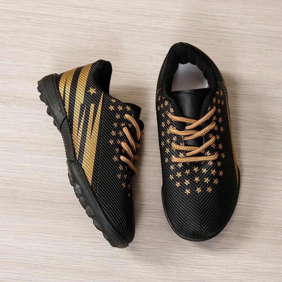 Black & Gold Star Print Kids Studded Soccer Shoes, Lace-Up Secure Fit, Anti-Slip Studded Outsole, Breathable Lining, Durable For Field Training And Matches - Black - View 1