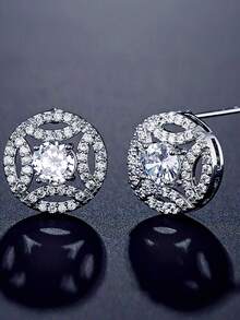 1 Pair Men's Personalized Hollow Geometric Pattern Zirconia Stud Earrings, Round Carved Single Main Diamond Ear Jewelry, Men's Autumn Hip-Hop Street Daily Party Jewelry - Earrings - View 2