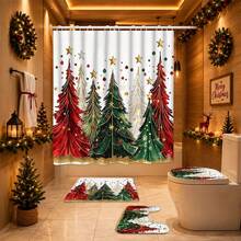 1/4pcs Christmas Polyester Shower Curtain Set, Festive Atmosphere, Decorated With Colorful Christmas Tree And Star Patterns, 70.8*70.8 Inches, Comes With 12 Hooks, Suitable For Bathroom Decor - A - View 14