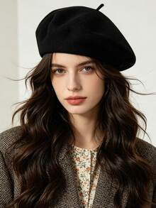 1PC Women's Classic Beret Hat, Premium Autumn/Winter Vintage Literary Style, Solid Color Minimalist Wool Beret - A - View 2