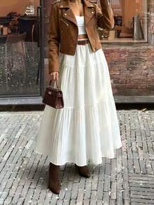 Women's Solid Color Elastic Waist Layered Design Casual Elegant Skirt, Suitable For Office, Daily Wear, Vacation, Date, All Seasons - White - View 6