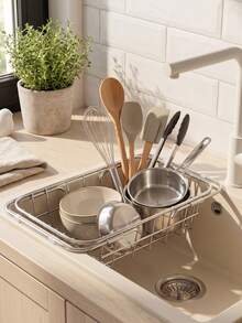 Expandable Sink Dish Drying Rack,Stainless Steel Over‑The‑Sink Dish Colander Basket,Adjustable Kitchen Sink Drain Basket For Plates, Bowls,Cups,Fruits Vegetables Washing Sink Colander, Stainless Steel Sink Drain Basket - Multicolor - View 11