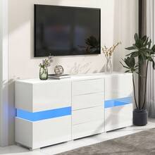 Flieks Matt & High Gloss White Sideboard Cabinet Storage Cupboard Unit  LED Lighted For Dining Room Living Room - White - View 1