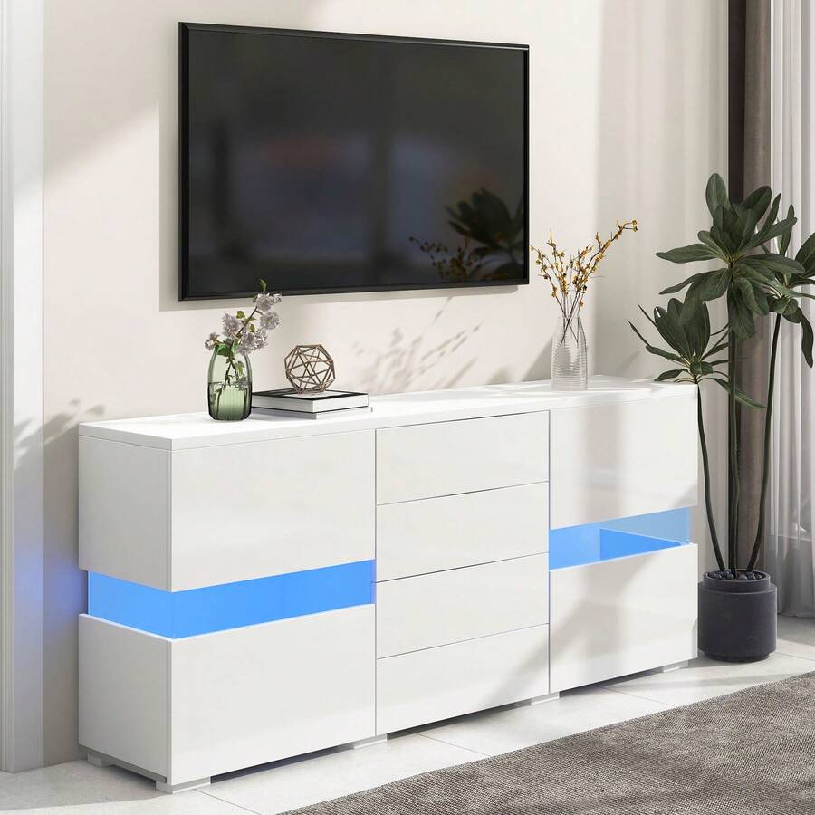 Flieks Matt & High Gloss White Sideboard Cabinet Storage Cupboard Unit LED Lighted For Dining Room Living Room - White - View 1