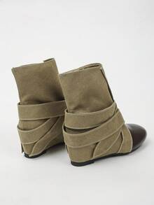 XfxfA Pair Of Women's Spliced Mid Heeled Boots With Cross/Strap/Bow Toe, Suitable For Daily Casual/Shopping/Travel Wear. - Khaki - View 5